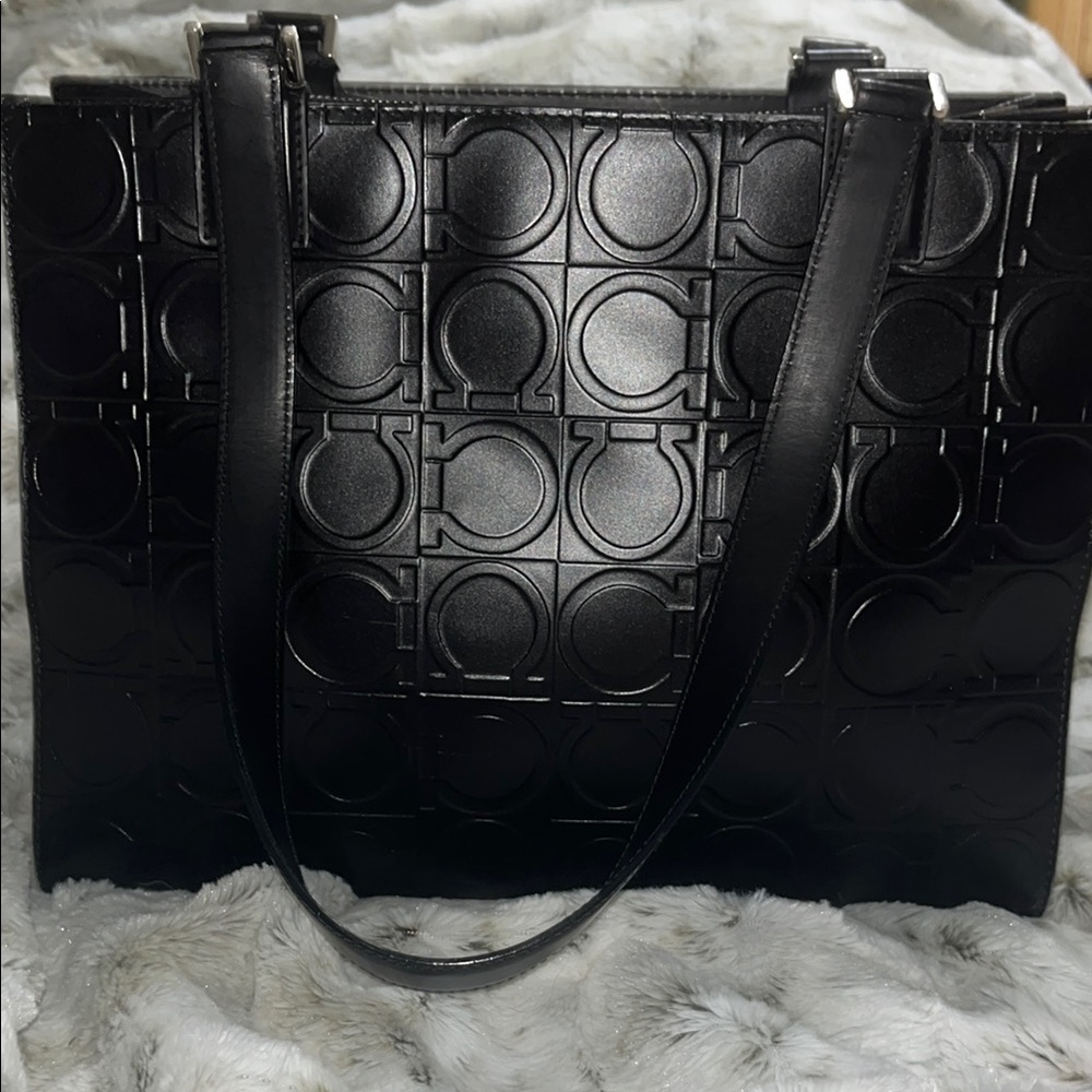 Salvatore Ferragamo Black Tote Bag with Embossed Pattern and Structured Shape